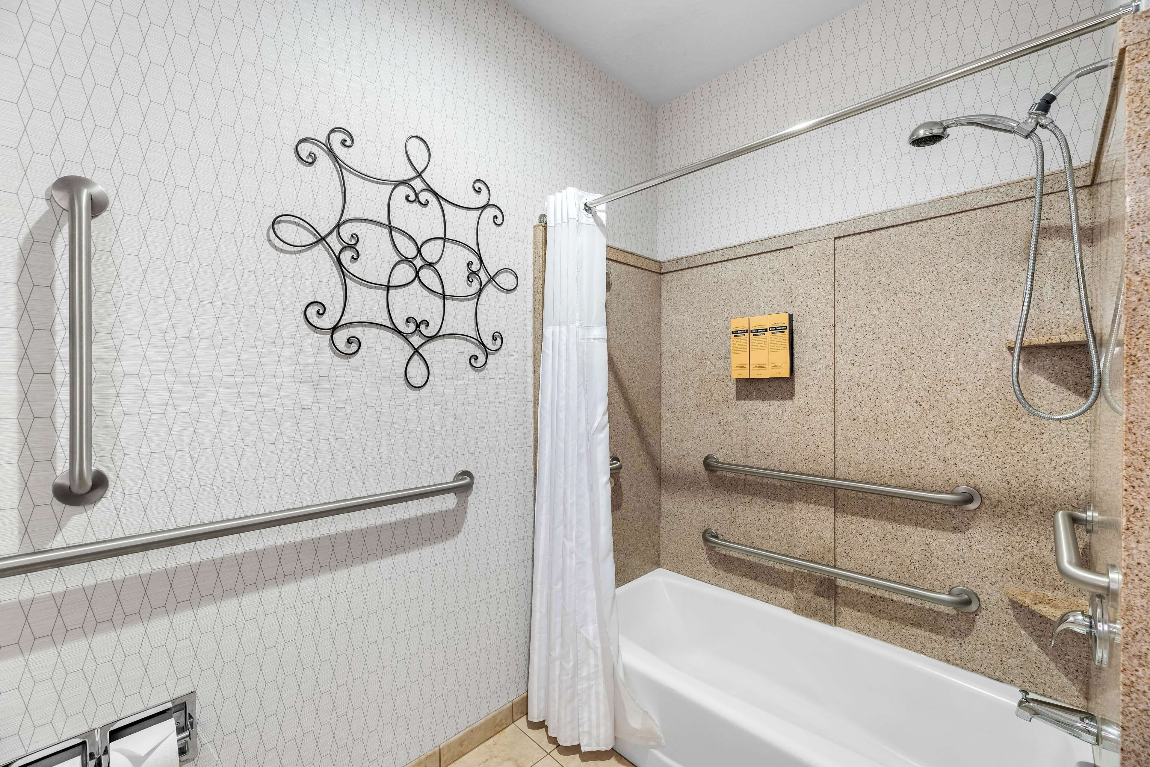 A bathroom with a shower, a bathtub, and a handrail.