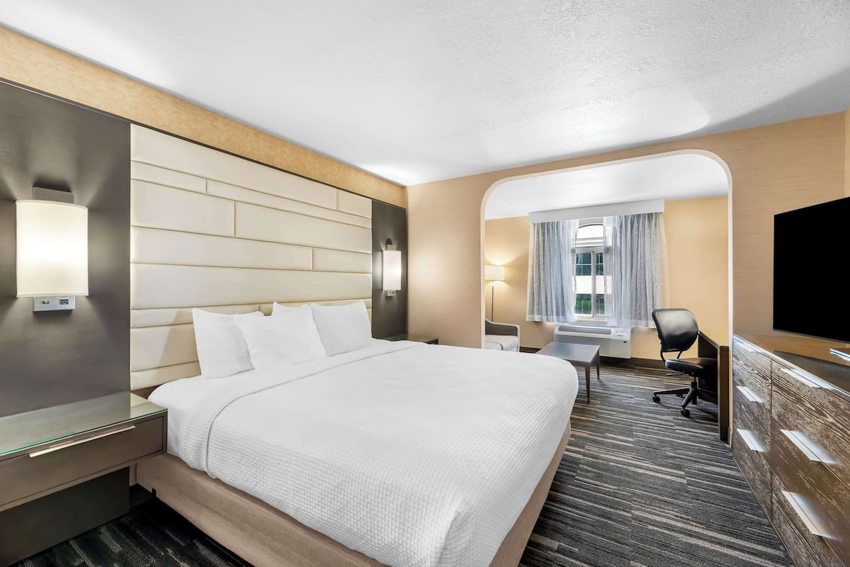 A hotel room with a large bed, a desk, a chair, a TV, and a window with curtains.