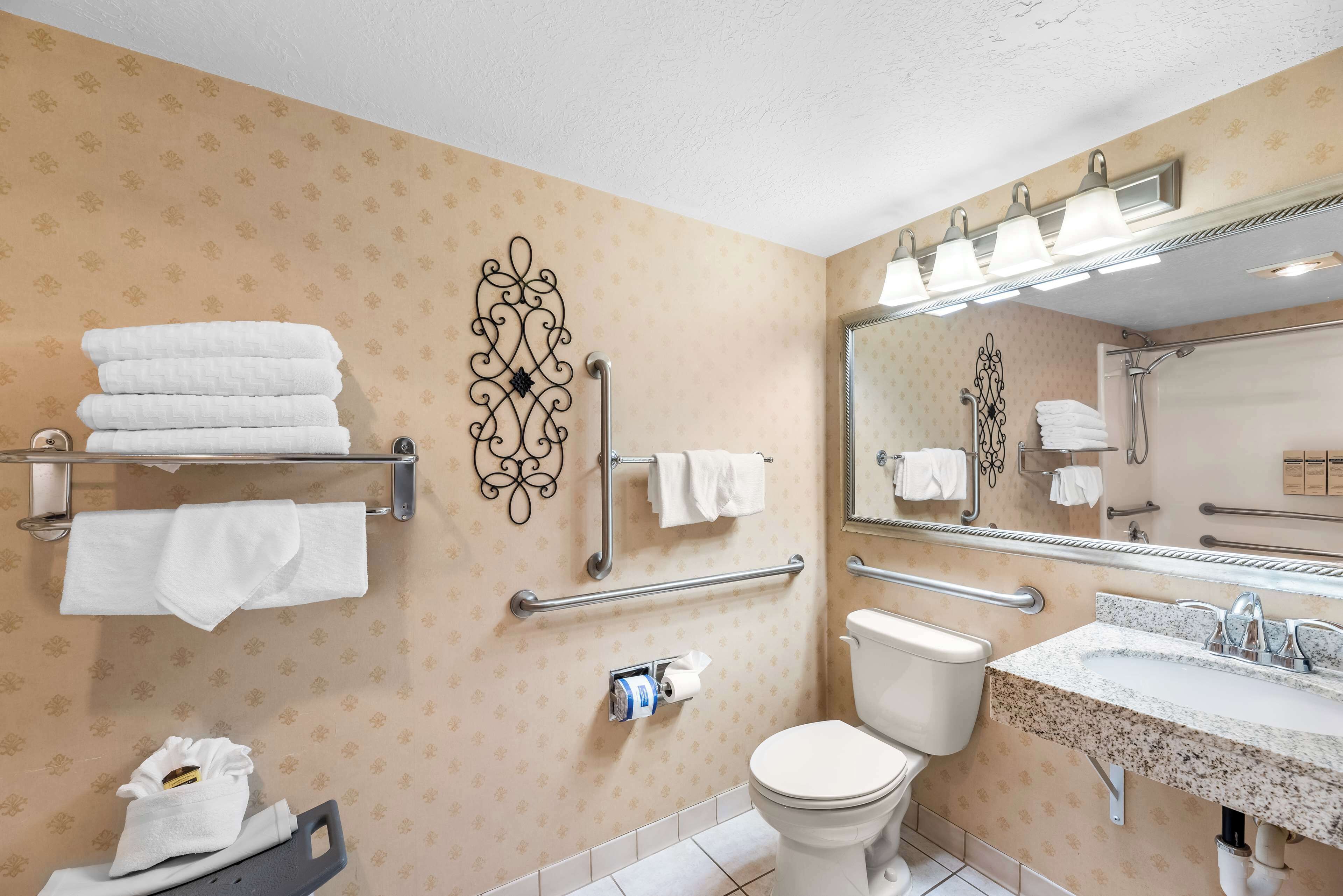 combined shower/bathtub, designer toiletries, hair dryer, towels