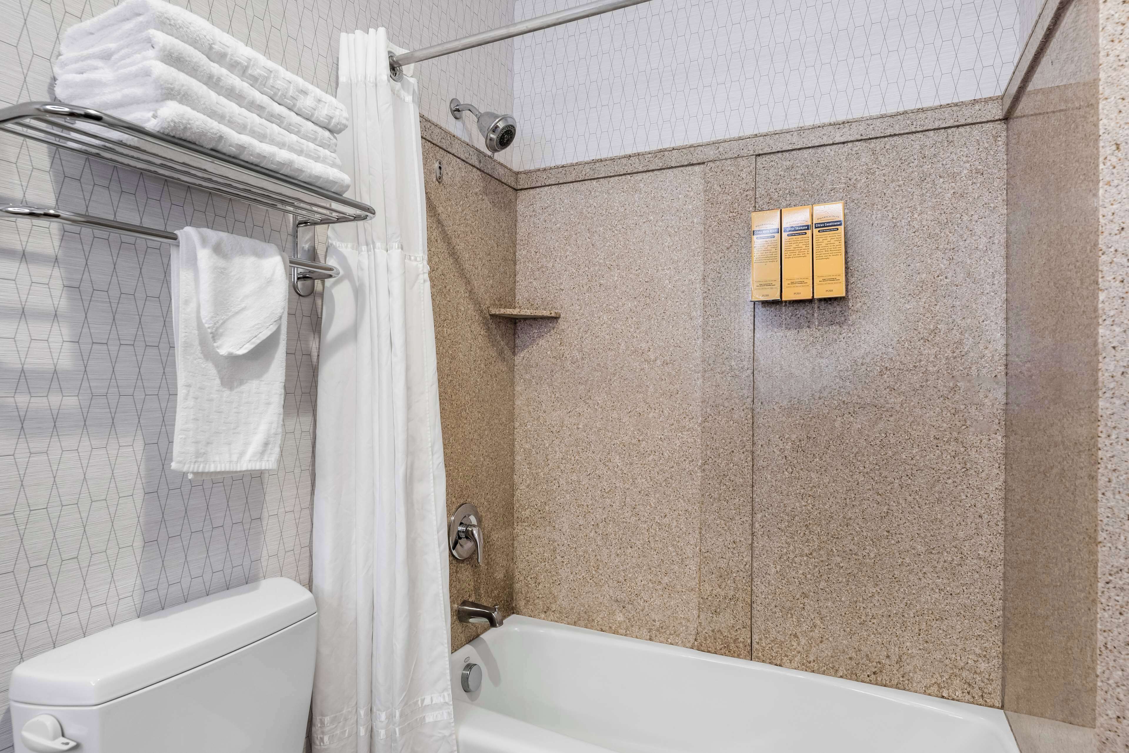 suite, 1 king bed, non smoking, refrigerator & microwave (with sofabed) | bathroom | combined shower/bathtub, designer toiletries, hair dryer, towels