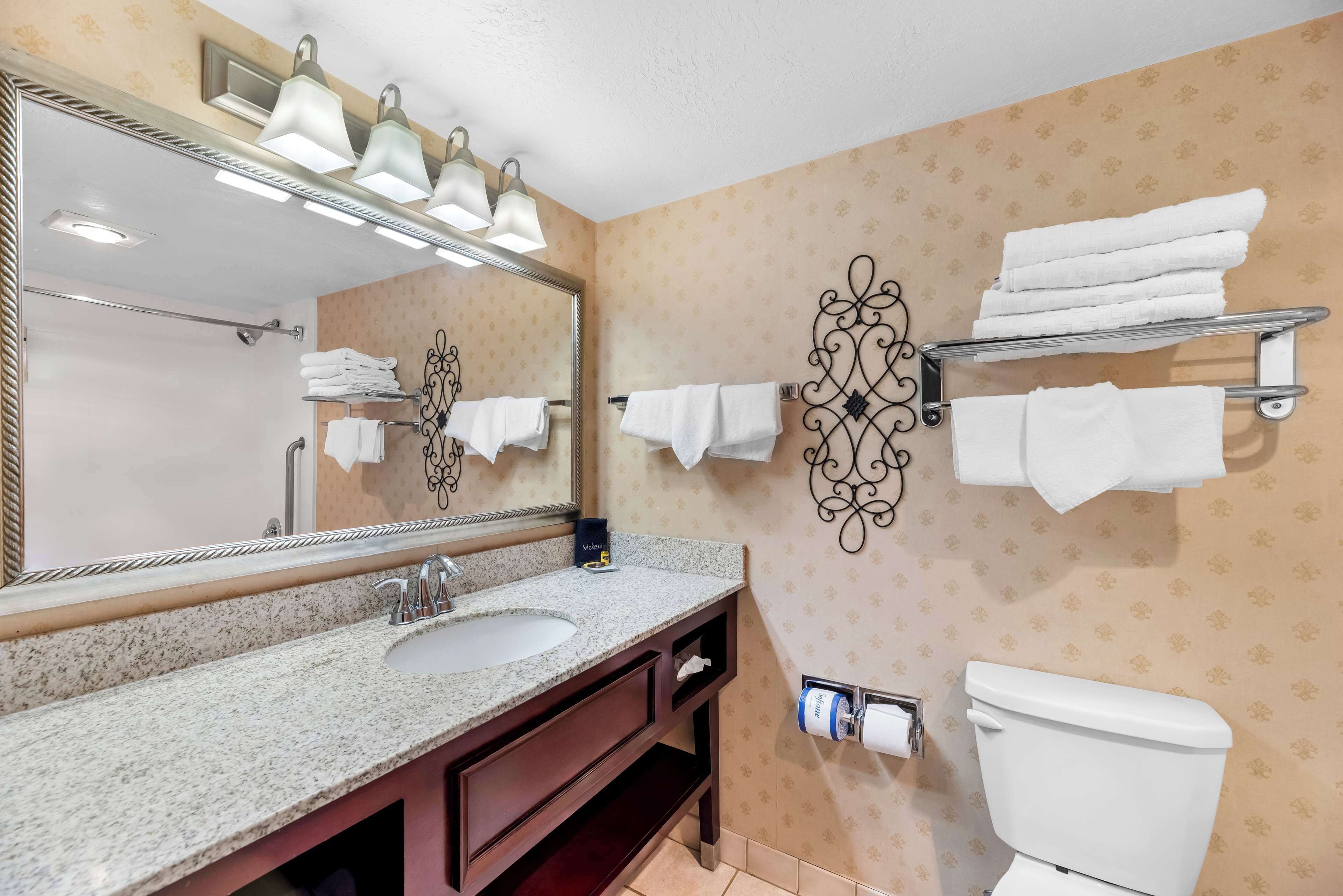 combined shower/bathtub, designer toiletries, hair dryer, towels