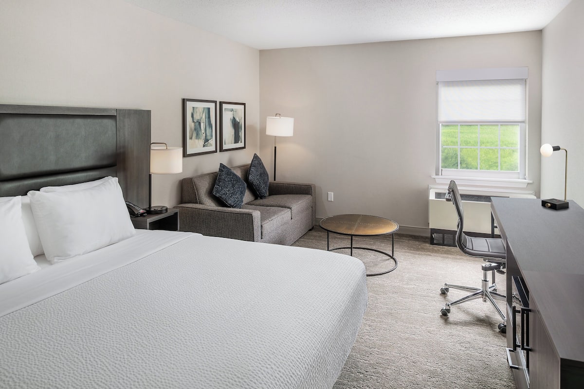 A hotel room with a large bed, a sofa with pillows, a desk, a lamp, and a window with a view.