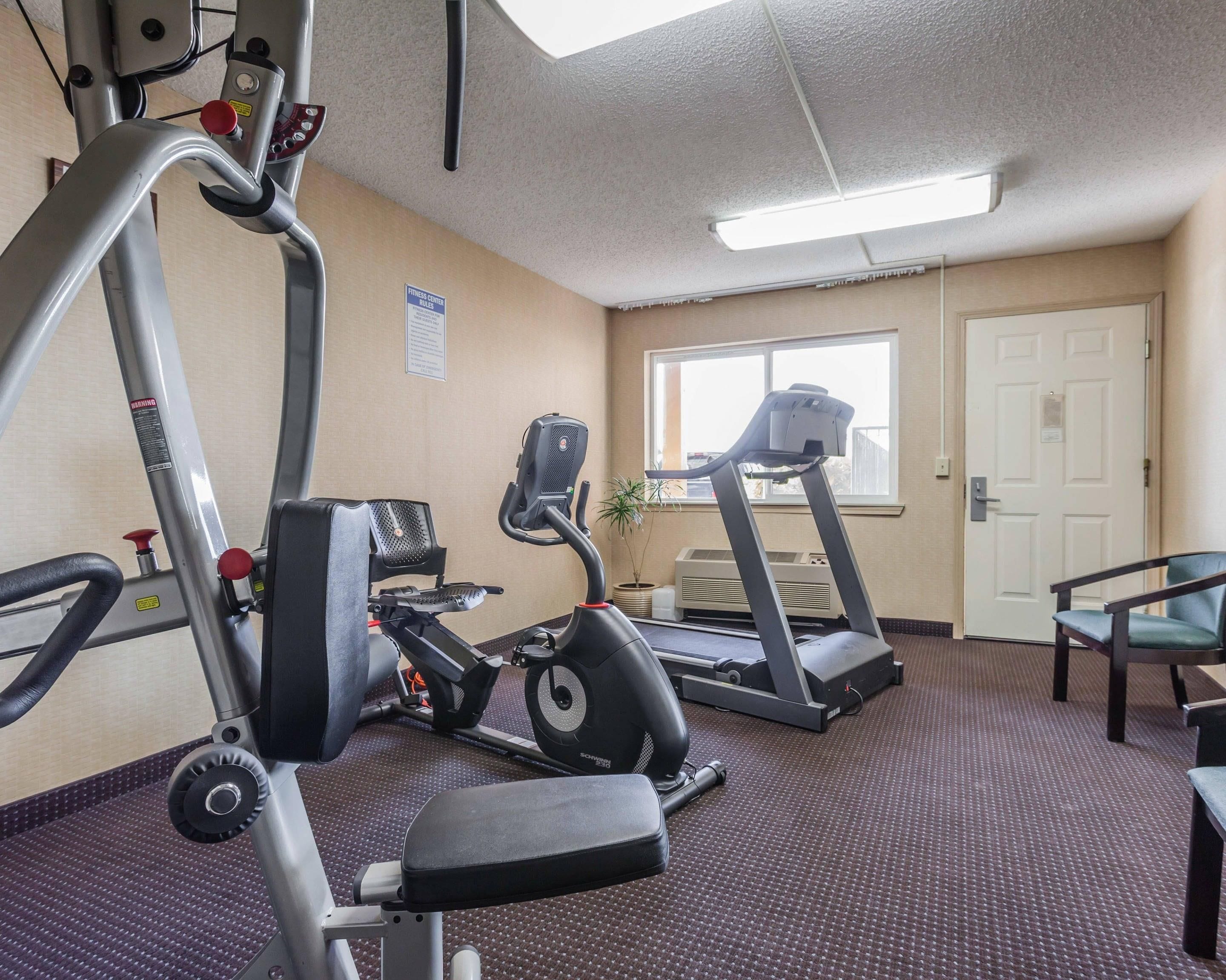 Une salle de sport équipée de machines de cardio, d’un banc et d’un panneau fixé au mur.