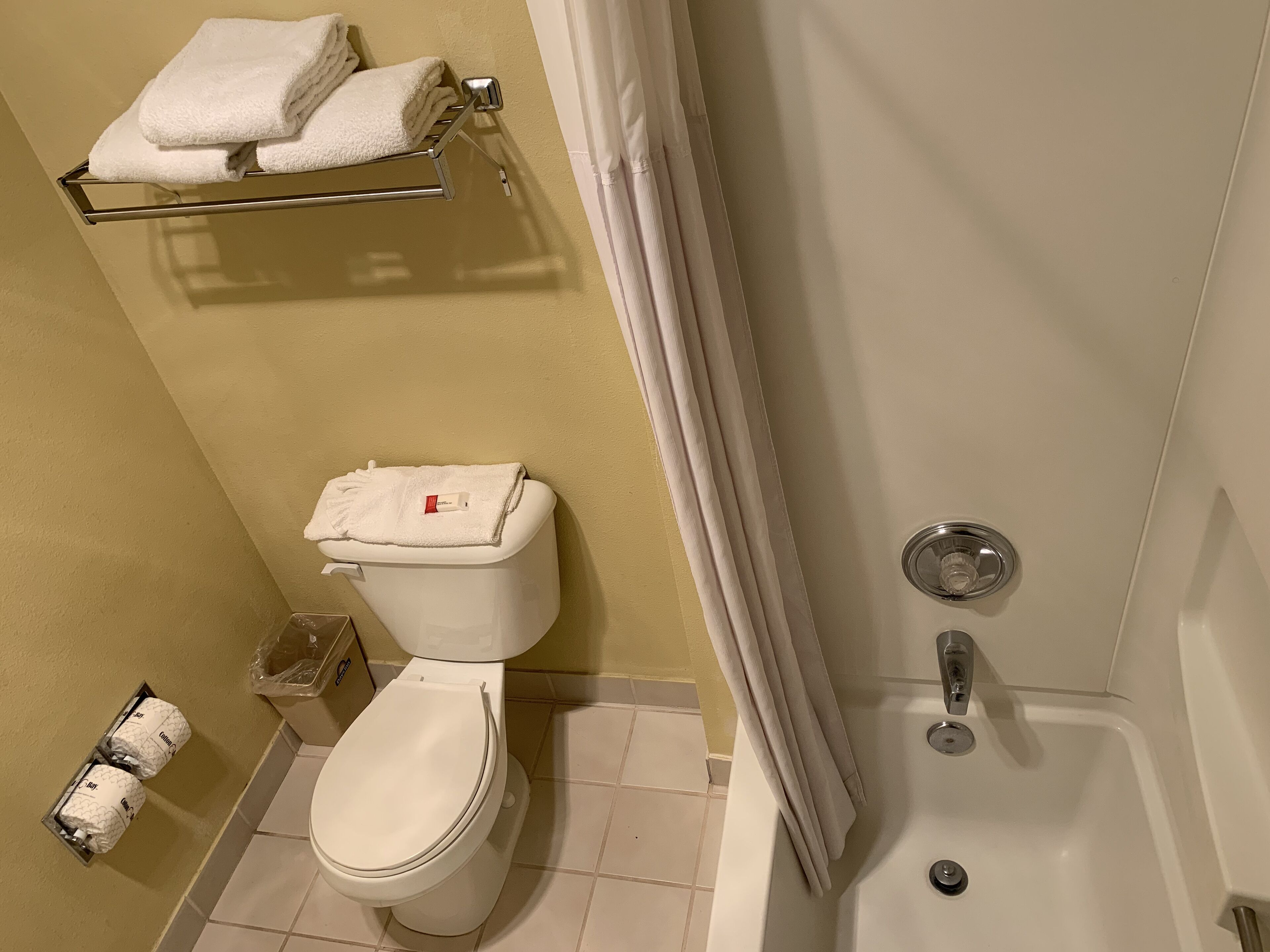 Un bagno con il water, una doccia e un portasciugamani.