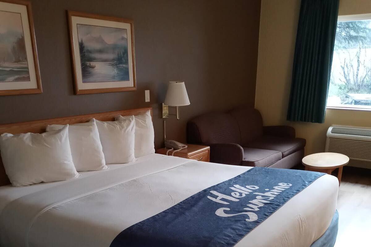 Habitación de hotel con una cama grande, un escritorio, una silla, una lámpara y dos cuadros en la pared.