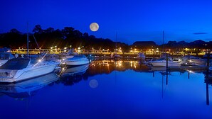 Un port de plaisance la nuit, avec des bateaux amarrés, une pleine lune dans le ciel et un quai illuminé.