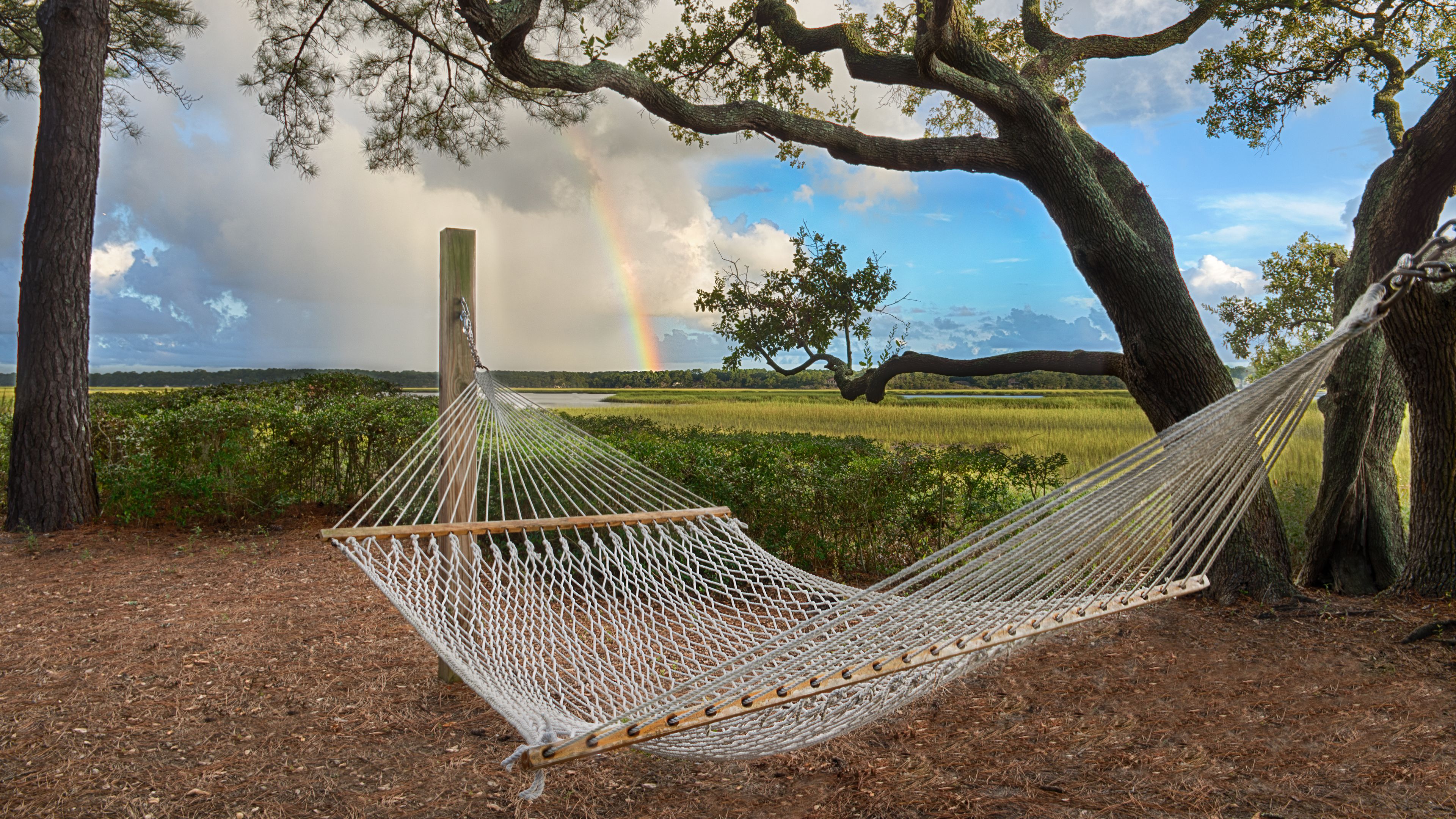 Un hamac tendu entre deux arbres, dans un cadre naturel, avec un arc-en-ciel en arrière-plan.
