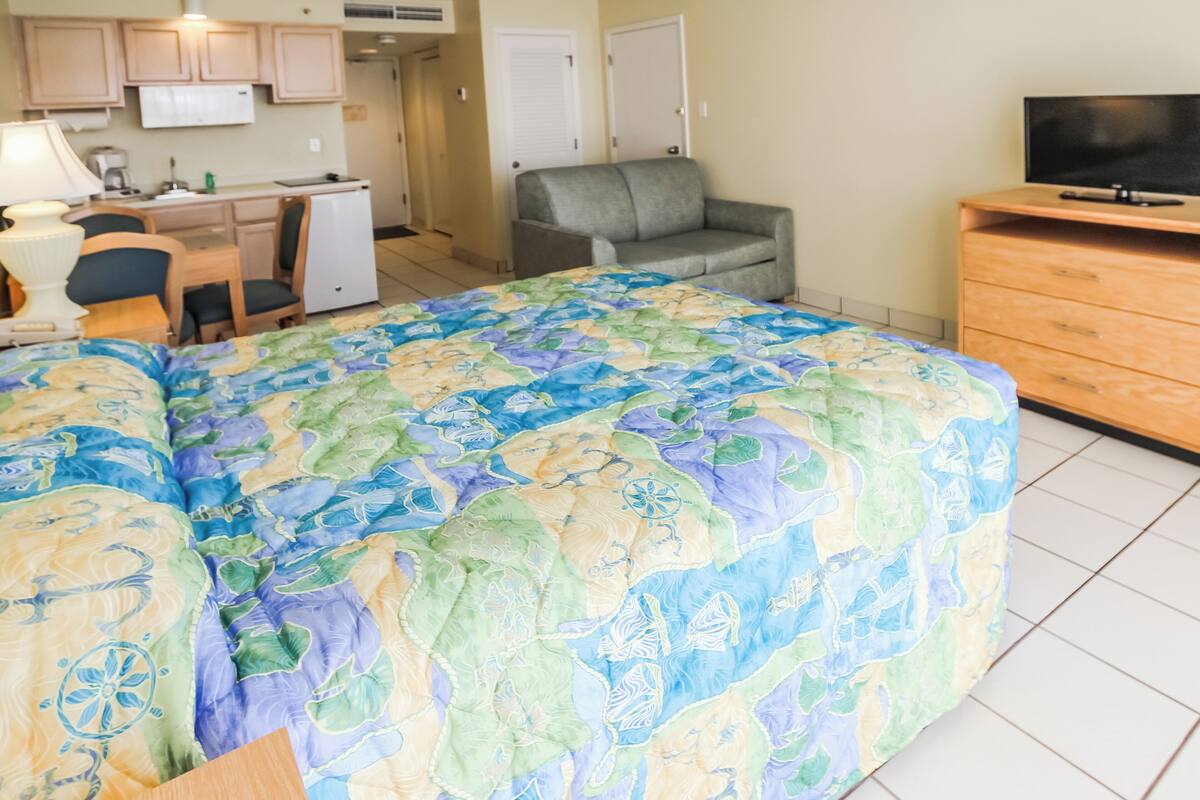 A bedroom with a large bed, a TV, a dresser, and a kitchenette area.