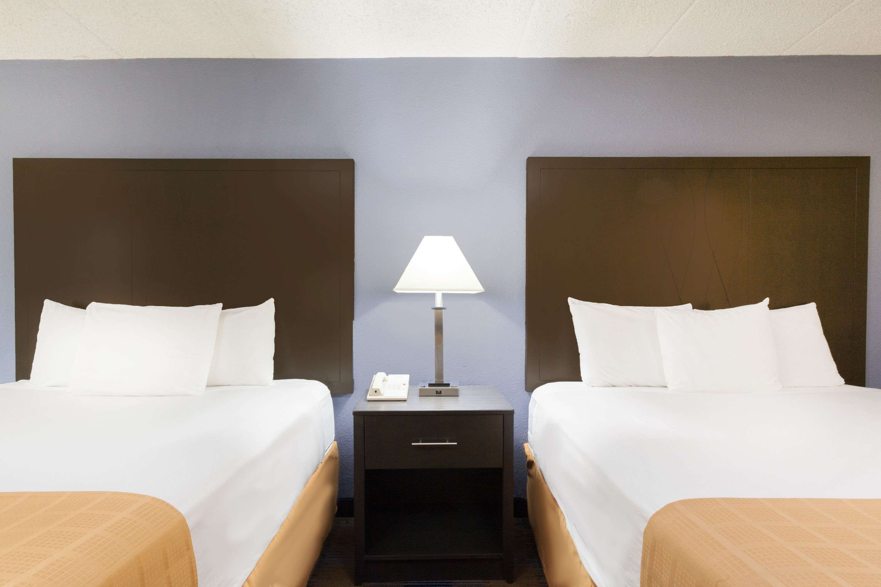 A hotel room with two beds, a nightstand with a lamp, and a drawer.