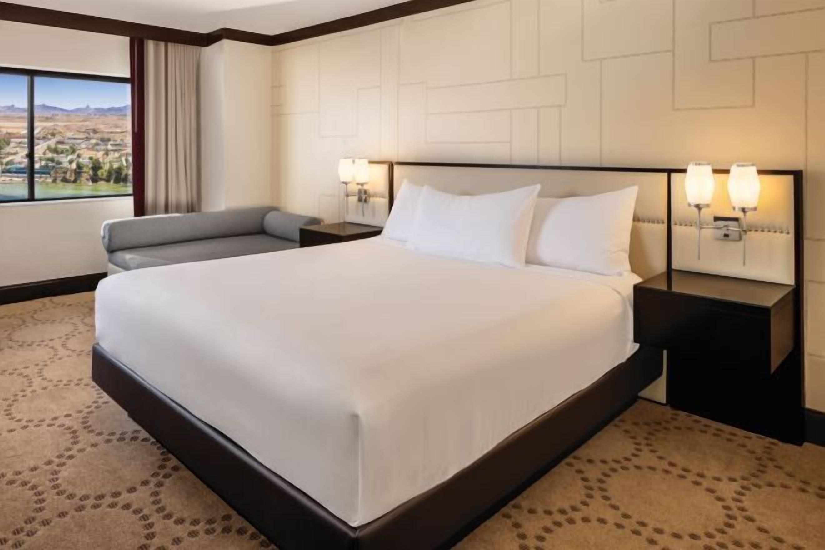 Hypo-allergenic bedding, pillowtop beds, desk, laptop workspace