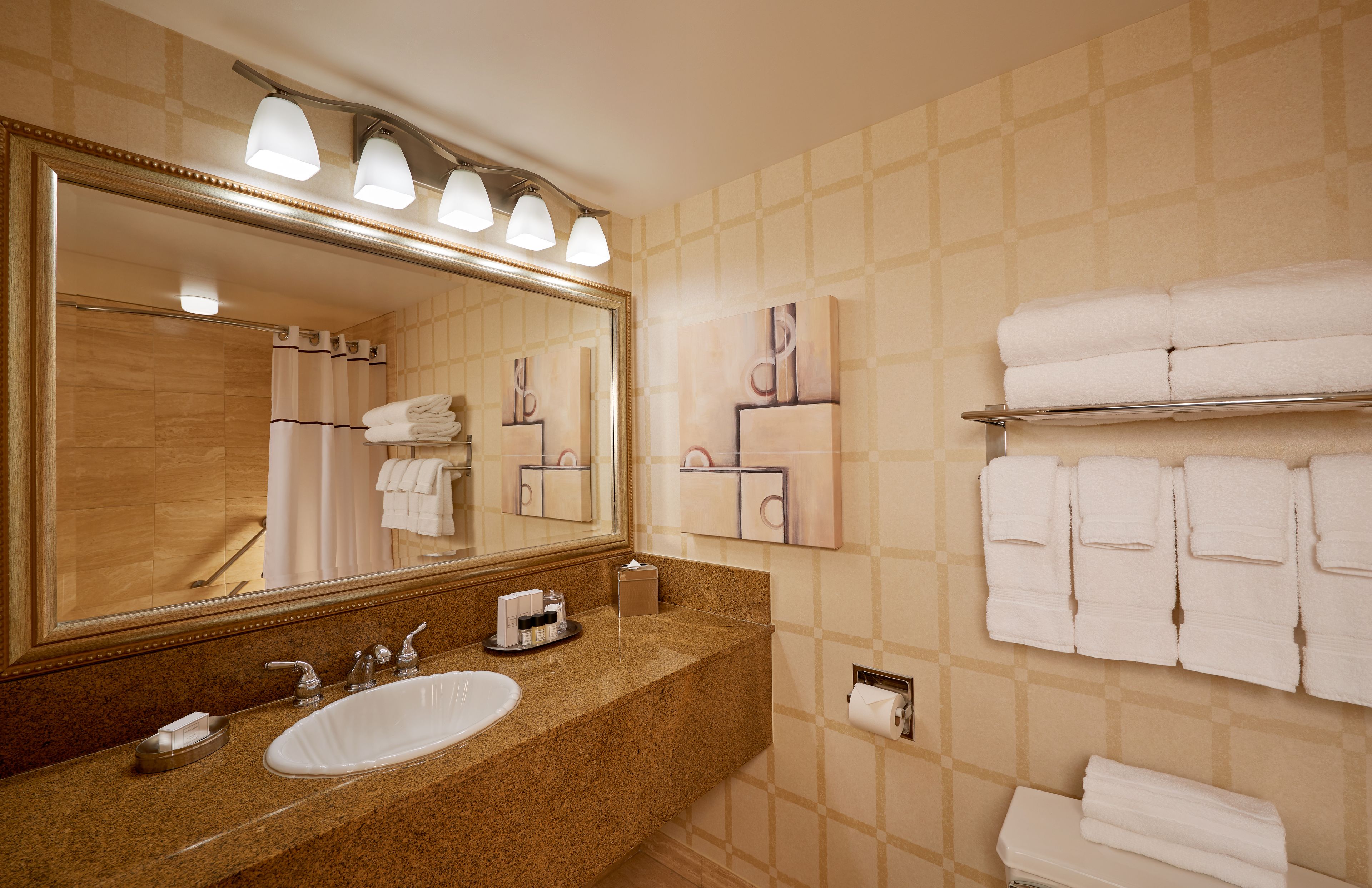 Un baño de hotel con un espejo grande, un lavamanos y varios toalleros.