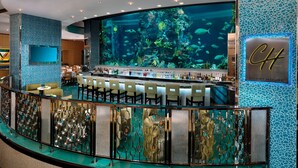 A bar area with a large aquarium, bar stools, and a decorative railing.