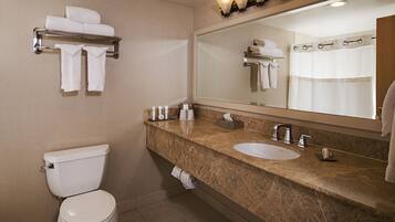 Combined shower/tub, eco-friendly toiletries, hair dryer, towels