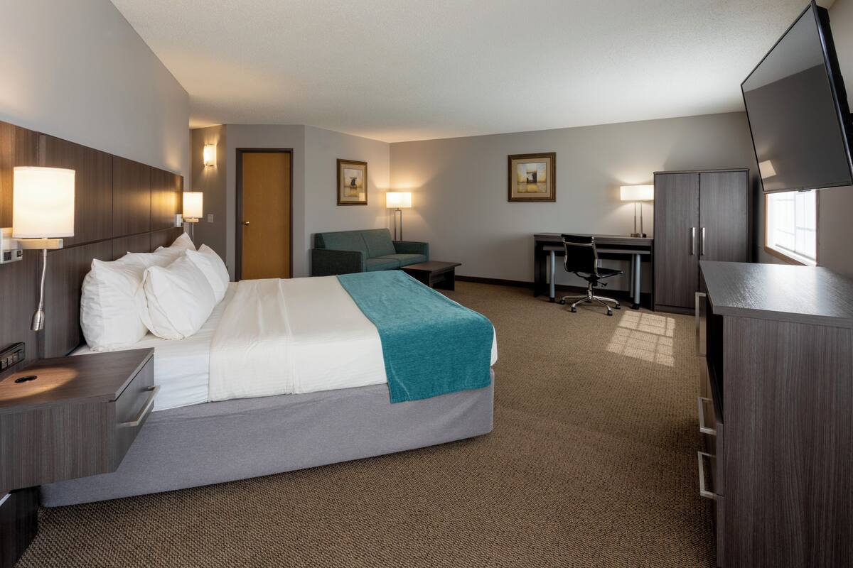 Una habitación de hotel con cama, escritorio, silla y armario.