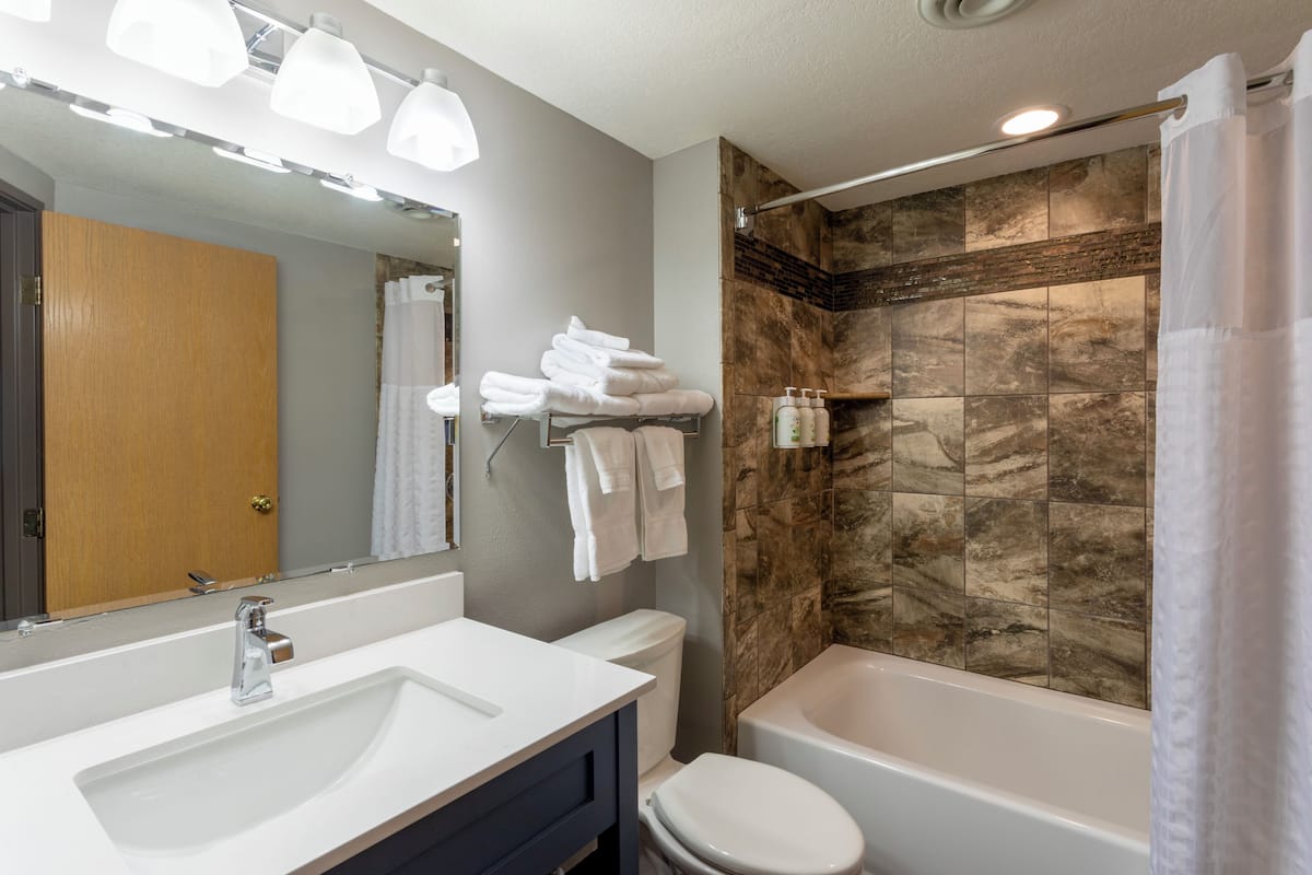 suite, 1 king 1 bed whirlpool fireplace | bathroom | free toiletries, hair dryer, towels, soap