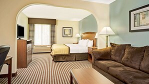 Une chambre d’hôtel avec un lit, un canapé, un bureau et une télévision.