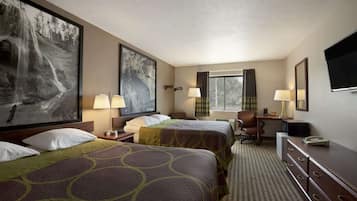 Premium bedding, pillow-top beds, desk, laptop workspace