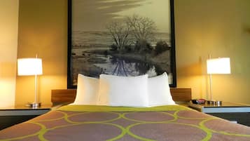 Premium bedding, pillowtop beds, desk, laptop workspace