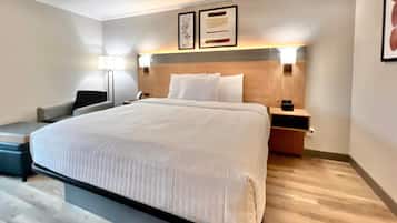 Premium bedding, desk, blackout curtains, iron/ironing board