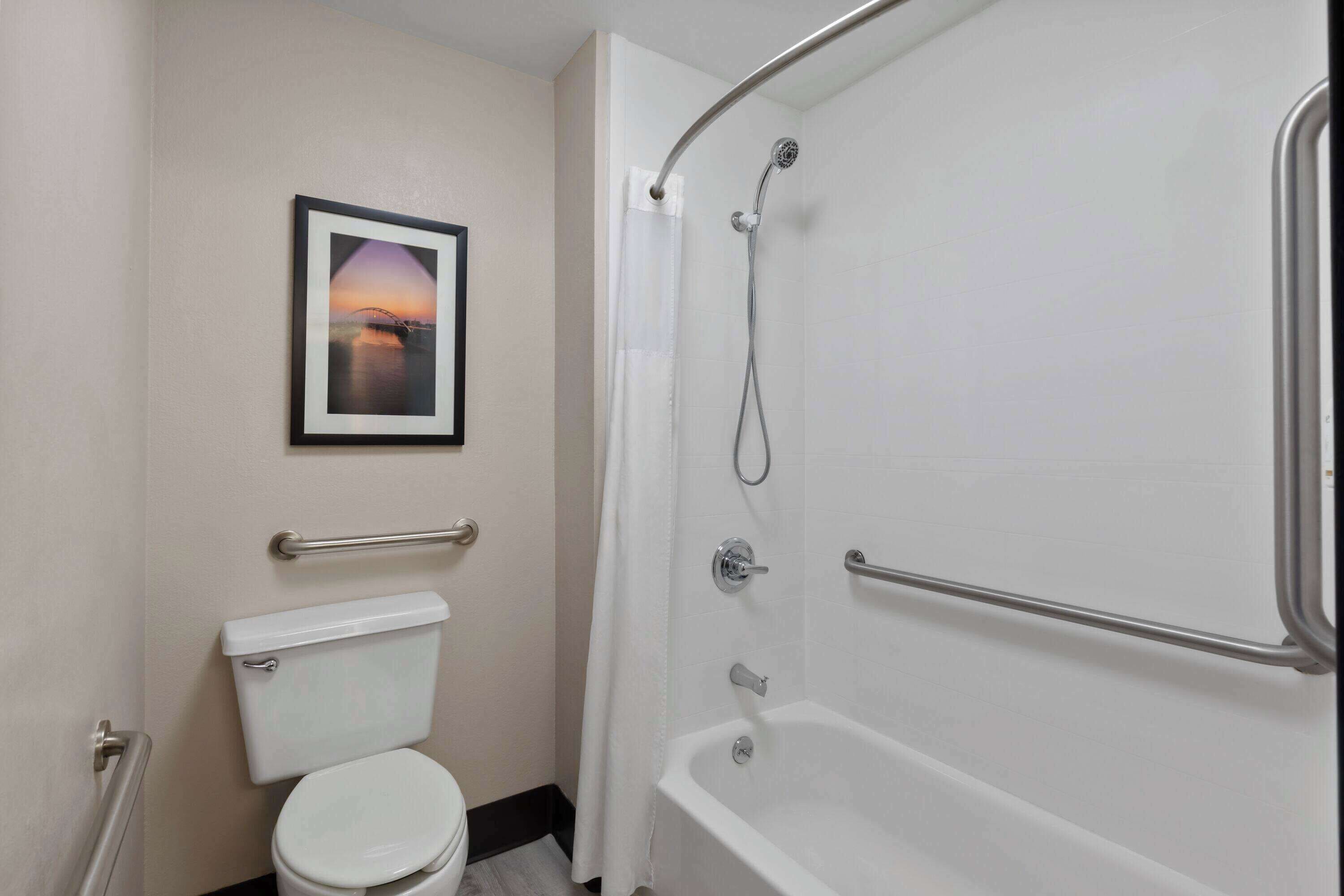 Ein Badezimmer mit Toilette, einem gerahmten Bild an der Wand, einer Duschkabine mit gebogener Glastür und einer Badewanne.