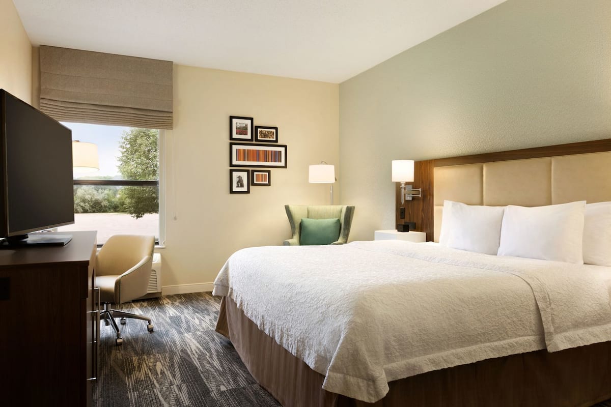A hotel room with a bed, a desk, a chair, a television, and framed pictures on the wall.