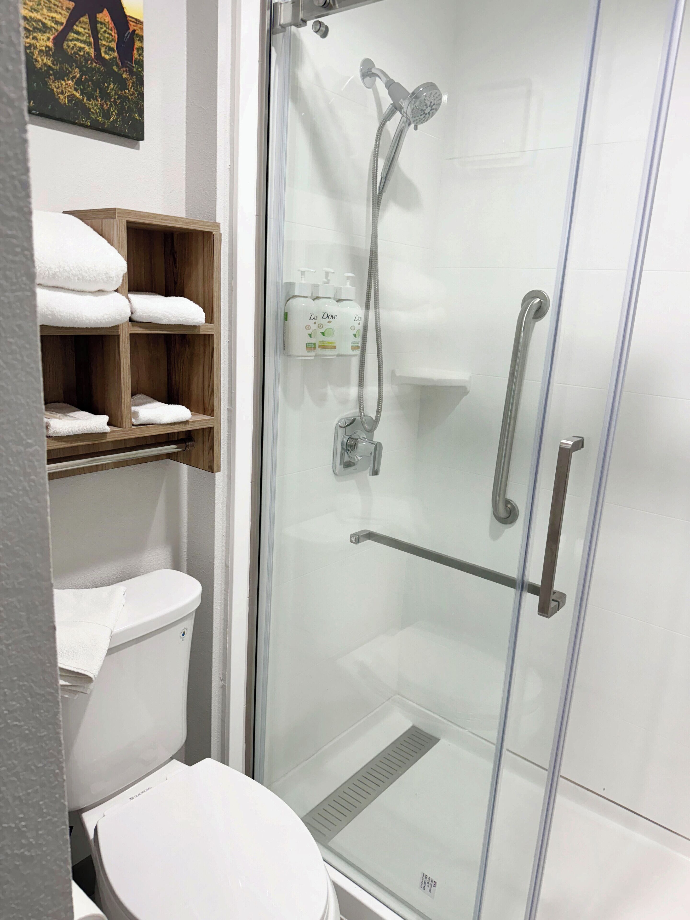 A modern bathroom with a glass-enclosed shower, a toilet, and a wooden shelf with folded towels.