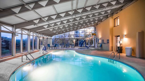 Una piscina interior con paredes de vidrio transparente, techo geométrico y vistas a árboles fuera.
