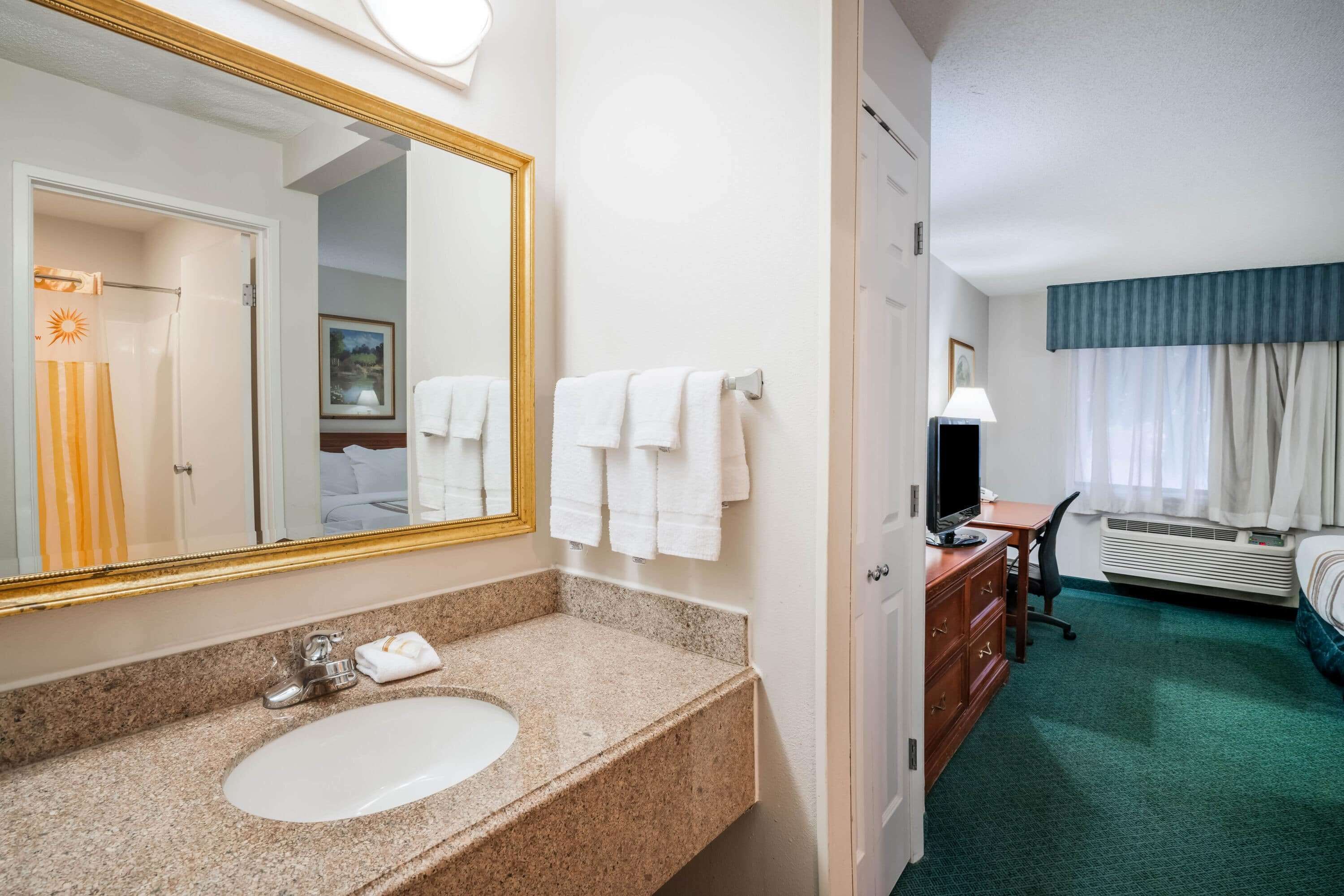 Une salle de bain d’hôtel avec un lavabo doté d’un plan de travail en granit, un grand miroir et un espace douche.