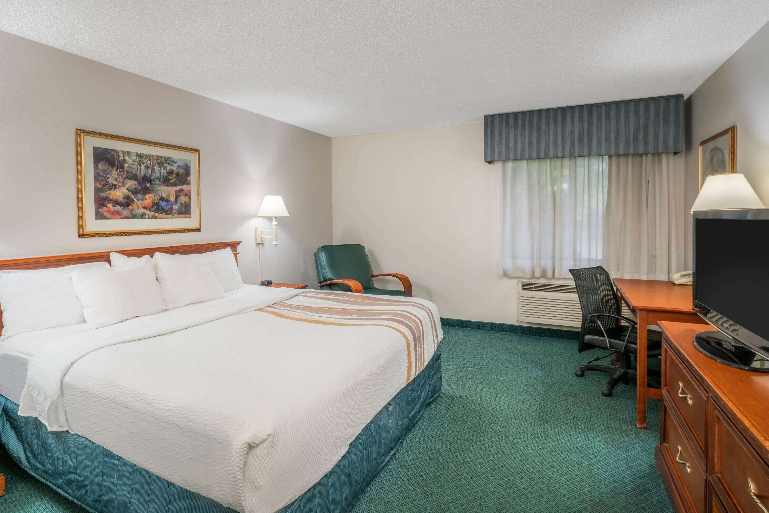 Habitación de hotel con una cama grande, un escritorio con televisor, una silla y un cuadro en la pared.