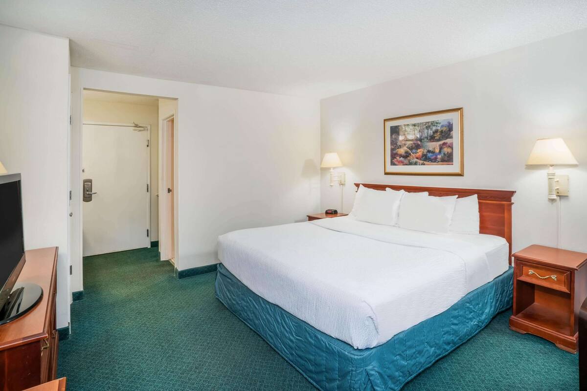 Habitació d'hotel amb un llit gran, dues taules de nit, una televisió i un quadre a la paret.