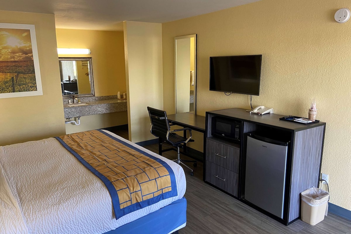 A hotel room with a bed, a desk, a television, and a minibar.