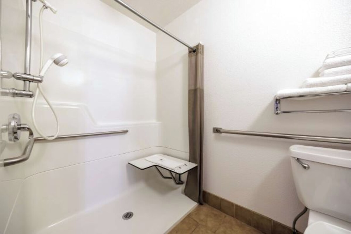 A bathroom with a shower, toilet, and towel rack.