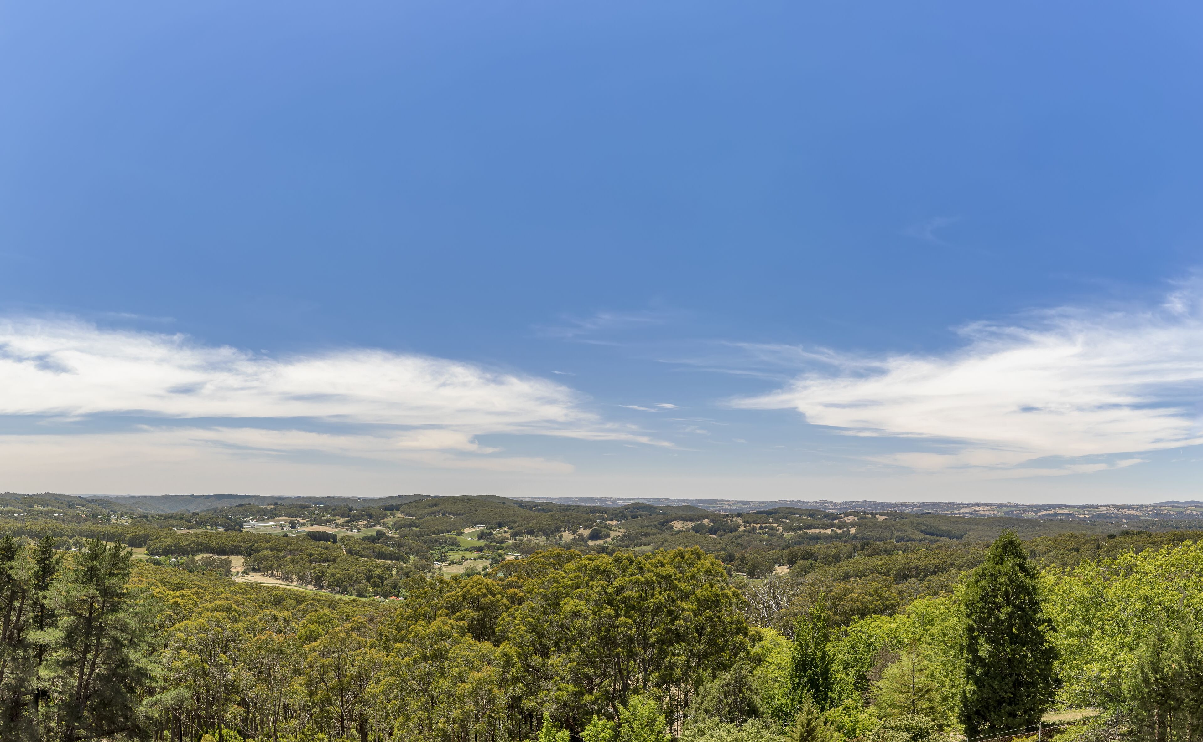 A panoramic view of a hilly landscape with dense forests and scattered buildings.