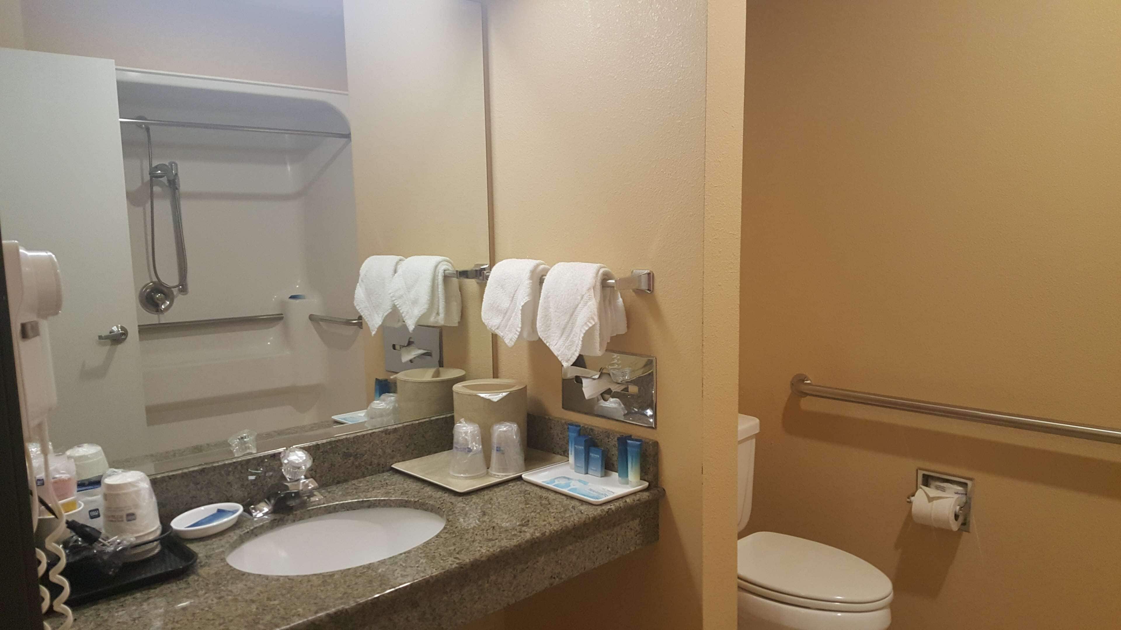 combined shower/bathtub, free toiletries, hair dryer, towels