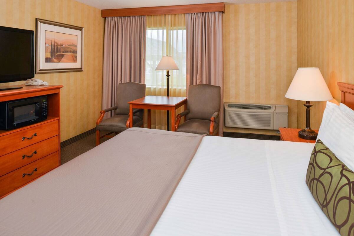 A hotel room with a bed, a desk, two chairs, a television, a microwave, a lamp, and a painting on the wall.