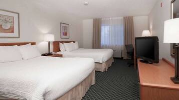 Desk, laptop workspace, blackout curtains, iron/ironing board