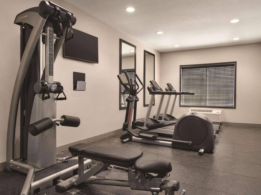 Un gimnasio con máquinas de cardio, equipo de entrenamiento de fuerza y una banca.