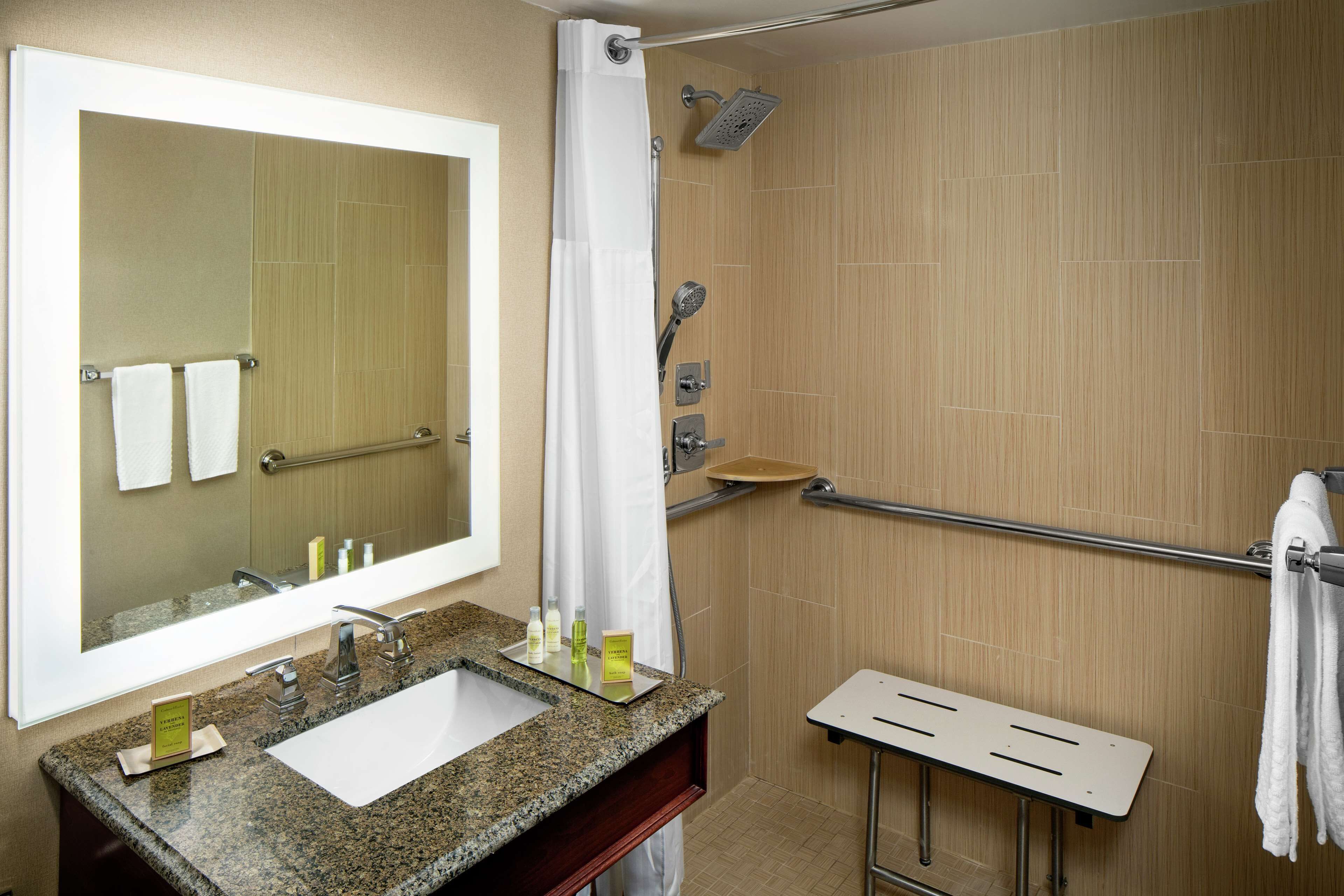Une salle de bain moderne avec un lavabo en granit, un grand miroir, une douche équipée d’un pommeau de douche à main et d’une barre d’appui.