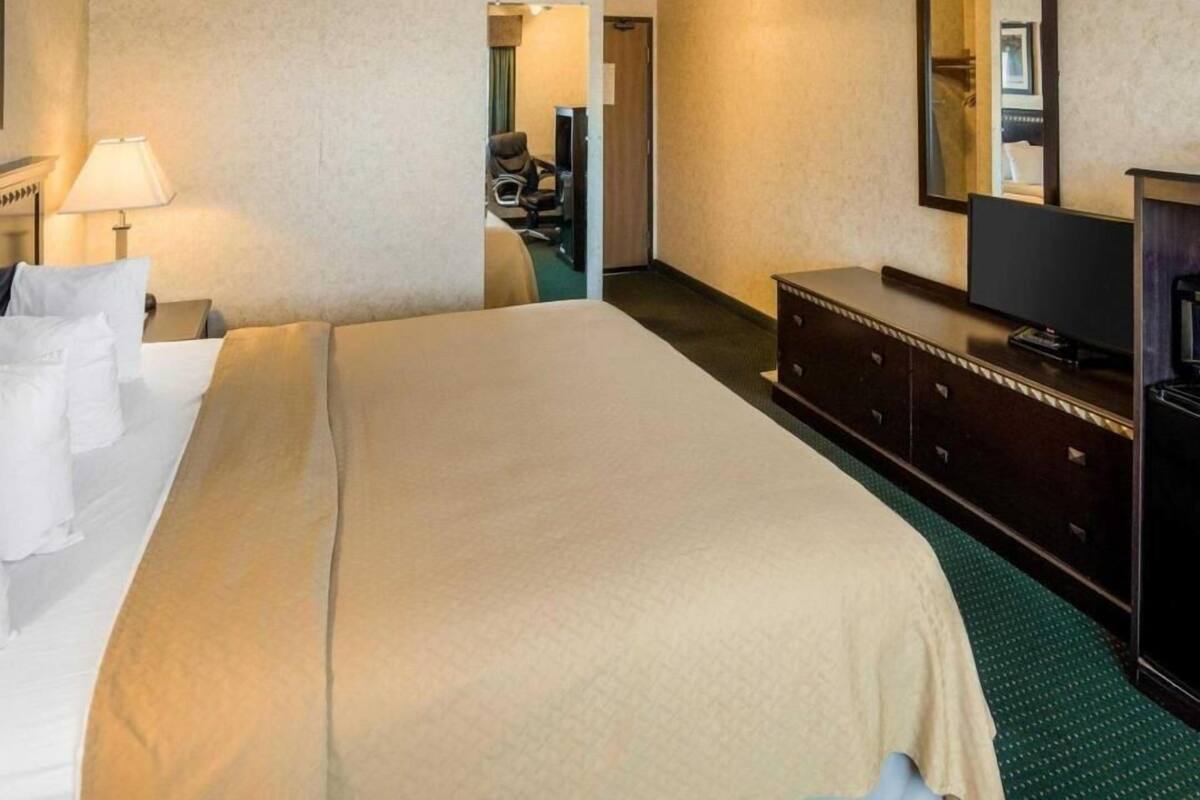 A hotel room with a bed, a dresser, a television, and a mirror.