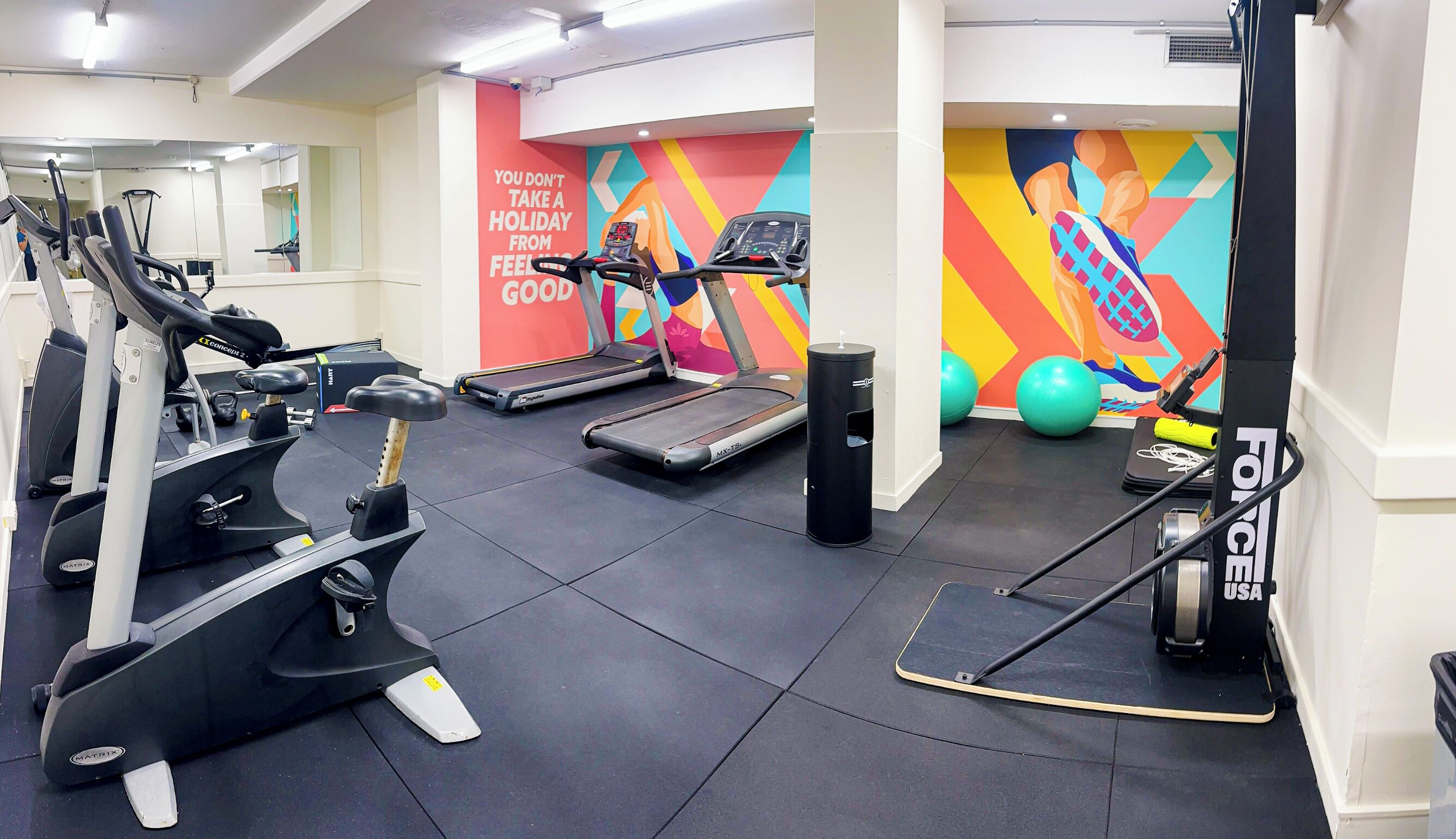 A gym with treadmills, elliptical machines, and exercise balls.