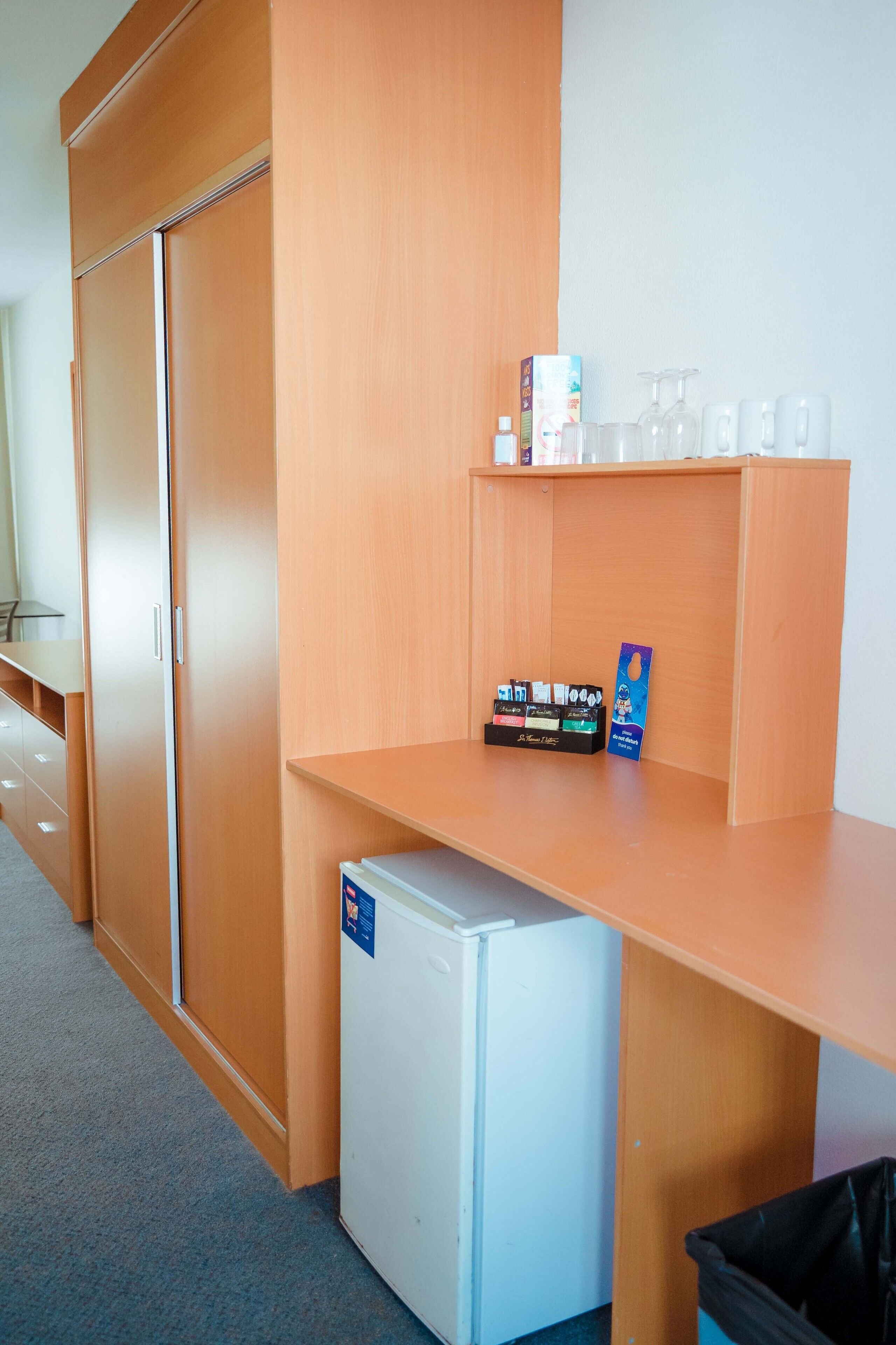 A room with a wooden wardrobe, a small white refrigerator, a shelf with toiletries, and a trash bin.