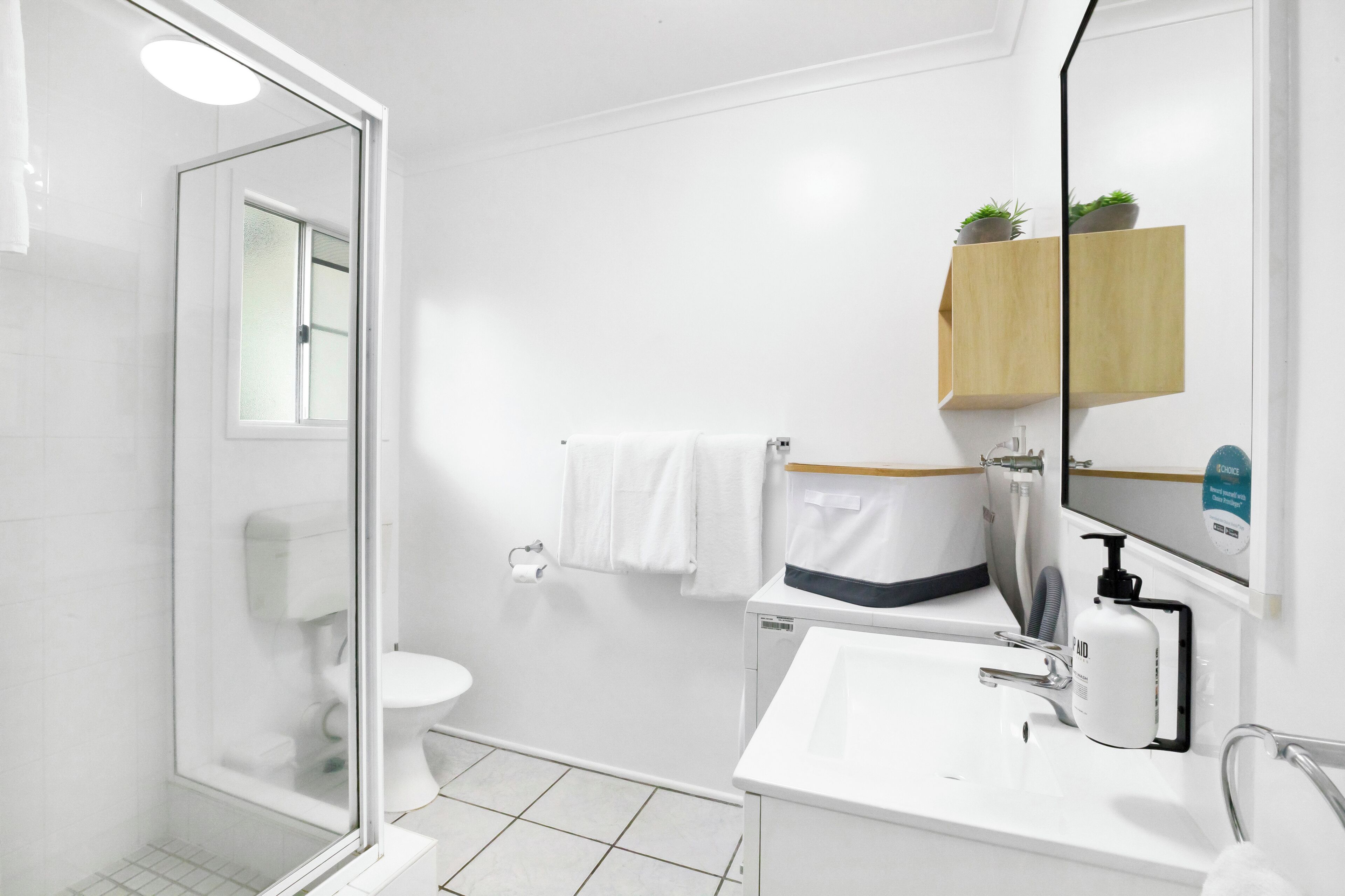 Ein modernes Badezimmer mit Duschkabine aus Glas, weißer Toilette, Waschbecken mit Spiegel und Holzregal mit Pflanzen.