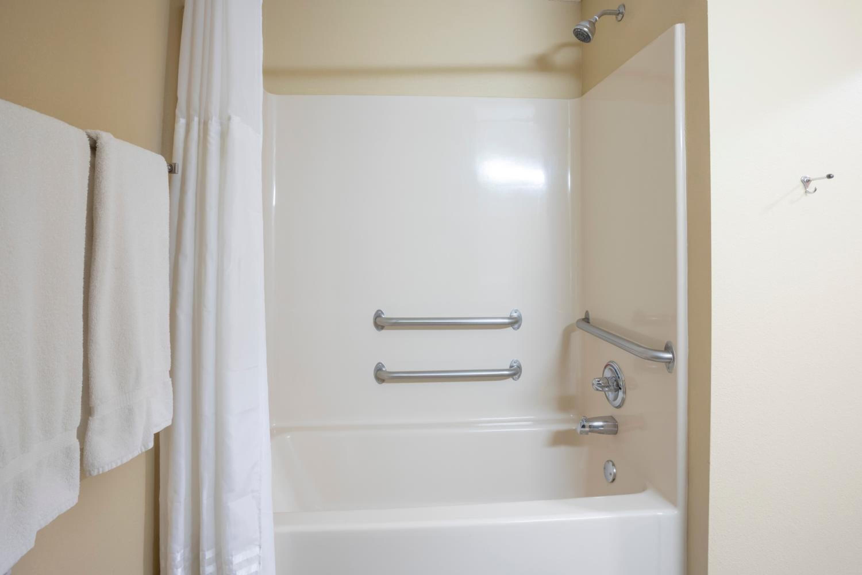 combined shower/bathtub, free toiletries, hair dryer, towels