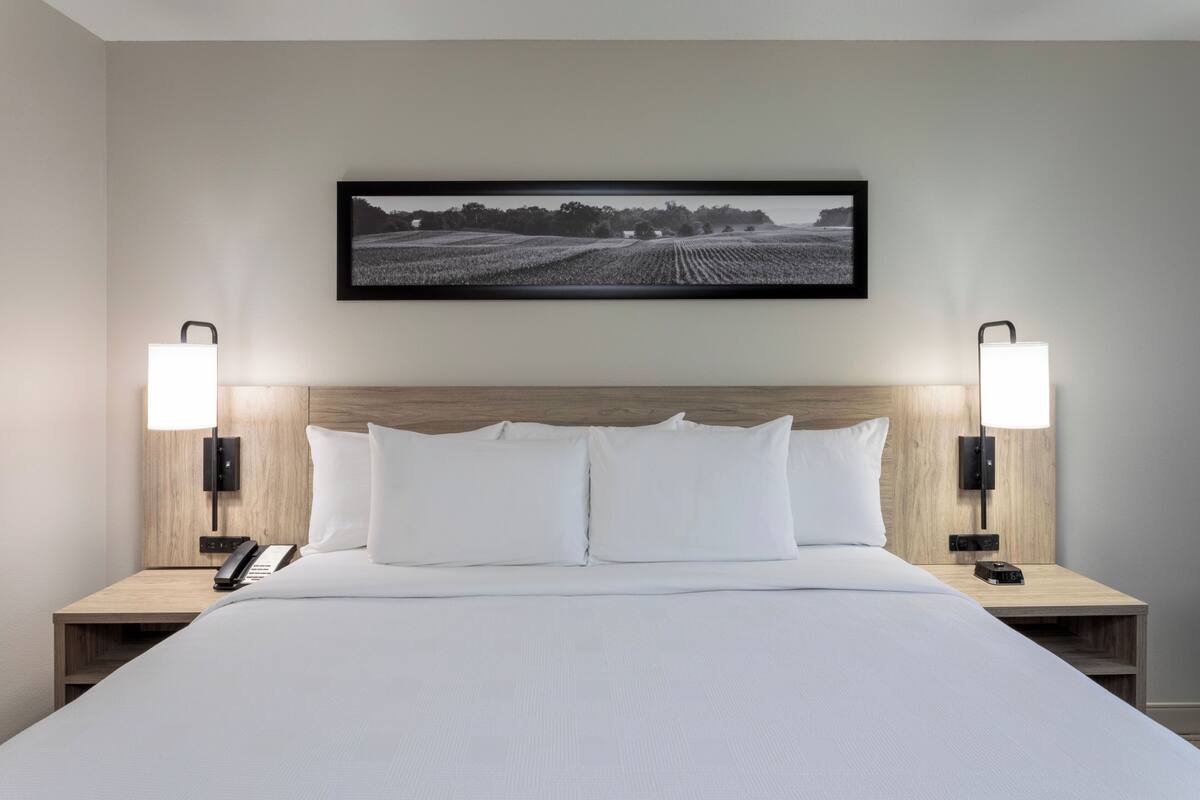 Une chambre d’hôtel avec un grand lit, deux tables de chevet, un tableau accroché au mur et des lampes fixées au mur.