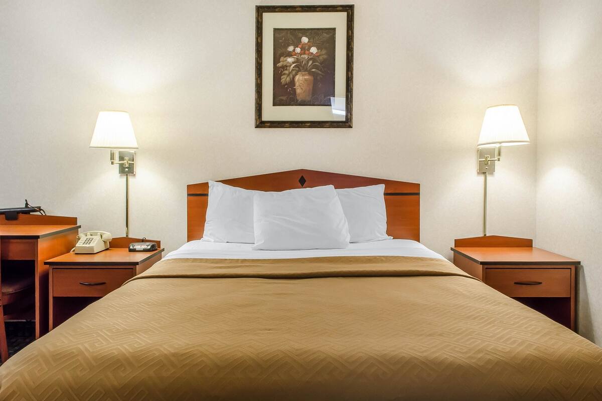 A hotel room with a large bed, two bedside tables, a nightstand, a telephone, and a framed picture on the wall.