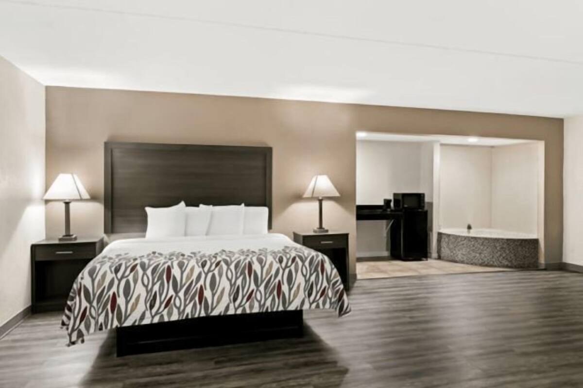 1 bedroom, desk, laptop workspace, blackout curtains