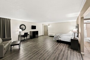 Habitación de hotel con cama, escritorio, silla, sofá, mesita pequeña, espejo y televisor.