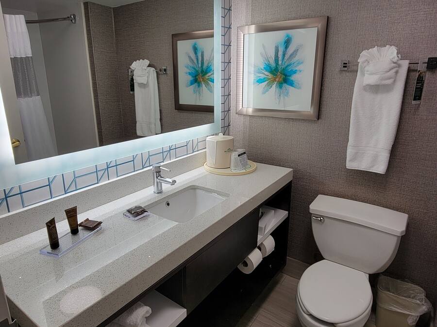 Un baño moderno con un espejo grande, un lavabo, un inodoro y un perchero para toallas.
