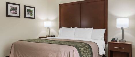 A hotel room with a large bed, two bedside tables, a nightstand, and two wall-mounted lamps.