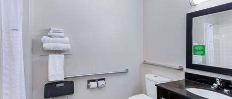 A bathroom with a toilet, sink, and handrails.